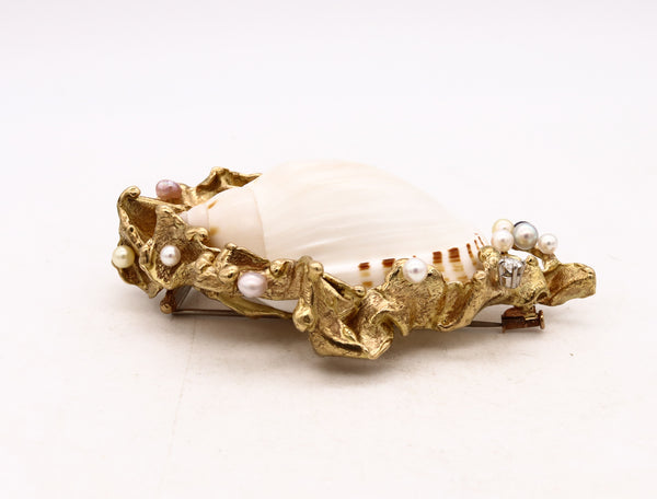 -Gilbert Albert 1970 Swiss Modernist Pendant Brooch In 18Kt Gold Shell And Pearls