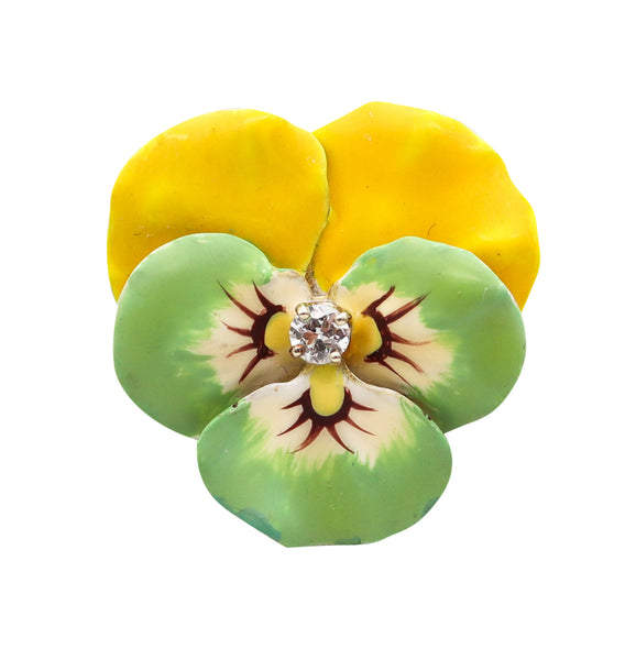 -Edwardian 1900 Green Yellow Enameled Pansy Brooch In 14Kt Gold With Diamond