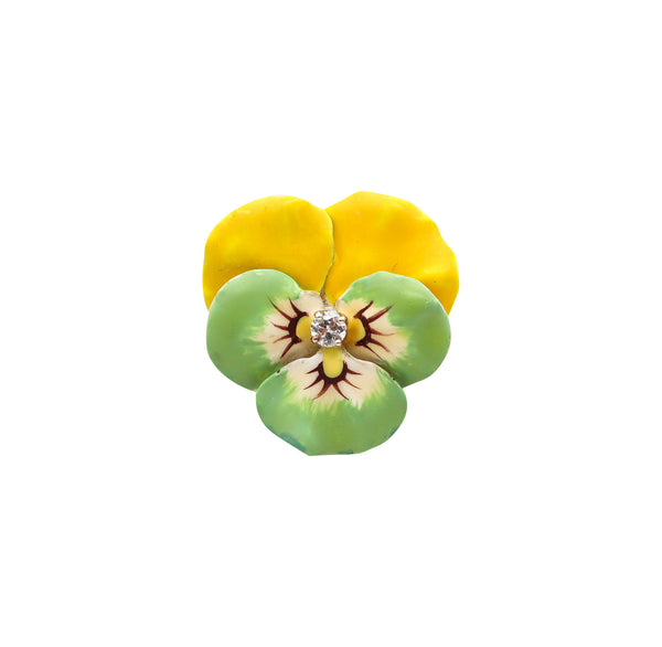 -Edwardian 1900 Green Yellow Enameled Pansy Brooch In 14Kt Gold With Diamond