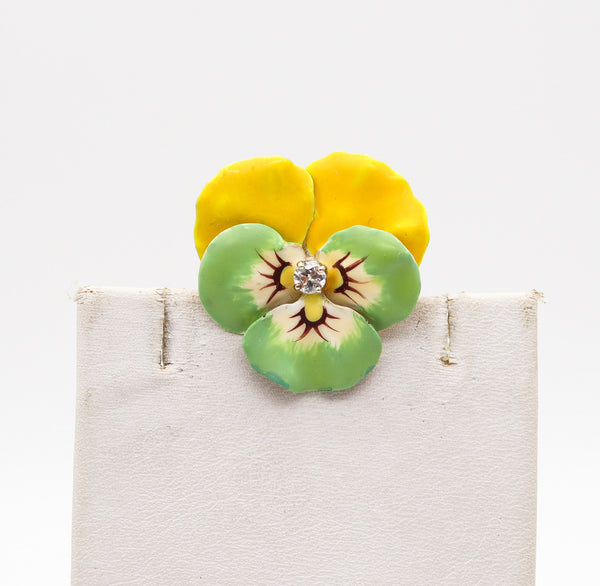 -Edwardian 1900 Green Yellow Enameled Pansy Brooch In 14Kt Gold With Diamond