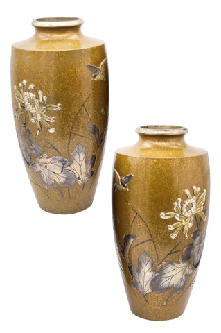 JAPAN 1910 Antique Bronze Vases With Silver & Gold Mixed Metals Flowers & Bird