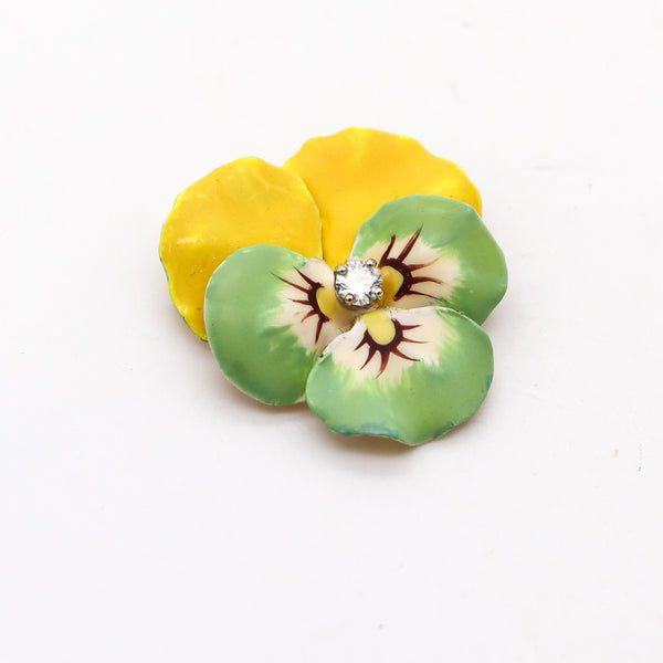 -Edwardian 1900 Green Yellow Enameled Pansy Brooch In 14Kt Gold With Diamond