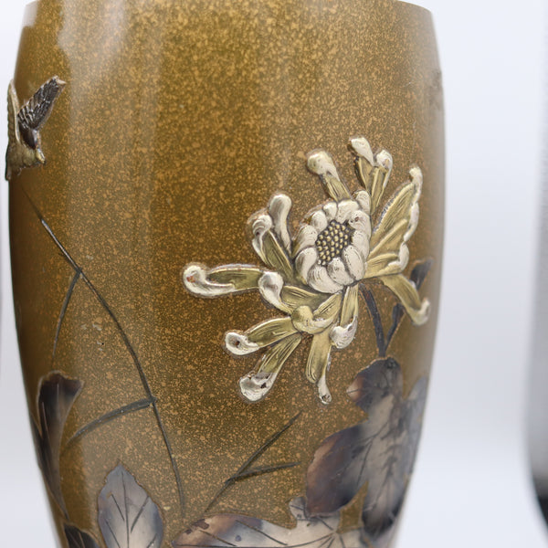 JAPAN 1910 Antique Bronze Vases With Silver & Gold Mixed Metals Flowers & Bird