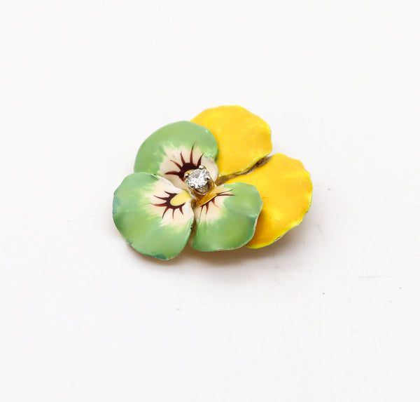 -Edwardian 1900 Green Yellow Enameled Pansy Brooch In 14Kt Gold With Diamond