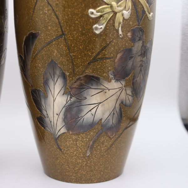 JAPAN 1910 Antique Bronze Vases With Silver & Gold Mixed Metals Flowers & Bird