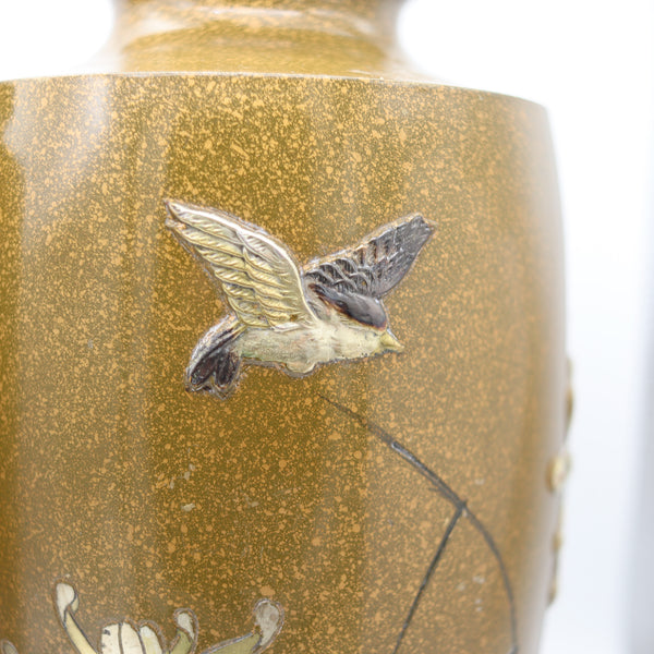 JAPAN 1910 Antique Bronze Vases With Silver & Gold Mixed Metals Flowers & Bird