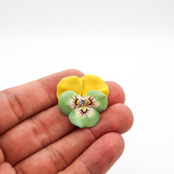 -Edwardian 1900 Green Yellow Enameled Pansy Brooch In 14Kt Gold With Diamond