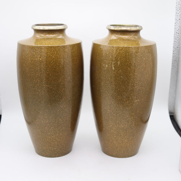JAPAN 1910 Antique Bronze Vases With Silver & Gold Mixed Metals Flowers & Bird