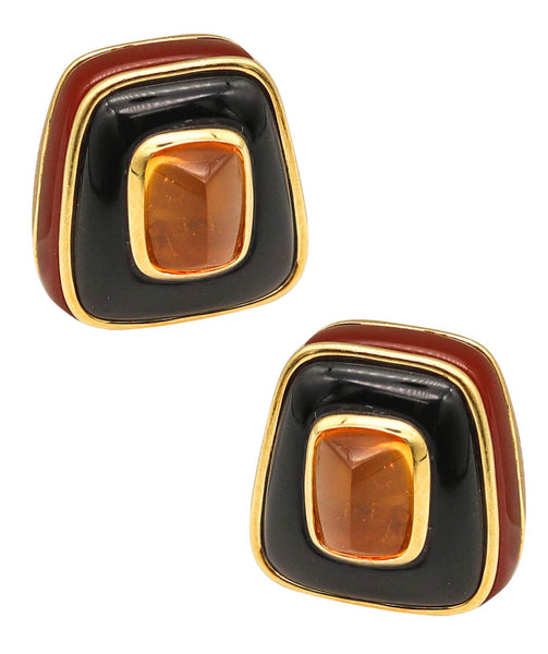 -Angela Cummings 1985 Earrings In 18Kt Gold With Black Jade Citrine And Carnelian