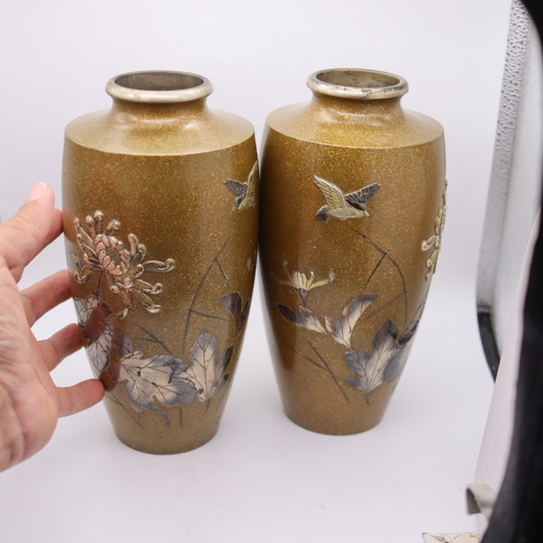JAPAN 1910 Antique Bronze Vases With Silver & Gold Mixed Metals Flowers & Bird