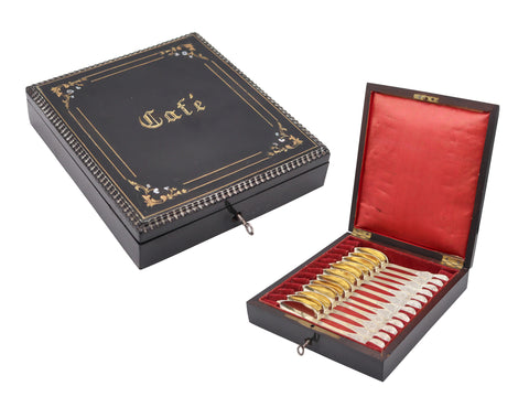 NAPOLEON III Antique 1860 French 12 Sterling Coffee Spoons Set In Fitted Ebony Box