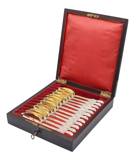 NAPOLEON III Antique 1860 French 12 Sterling Coffee Spoons Set In Fitted Ebony Box