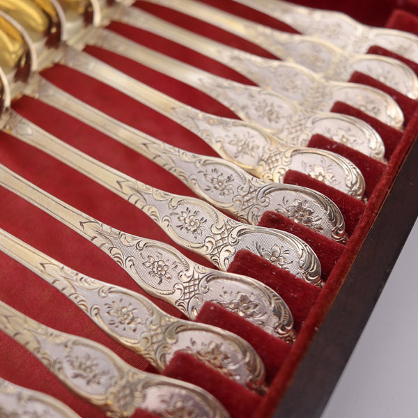 NAPOLEON III Antique 1860 French 12 Sterling Coffee Spoons Set In Fitted Ebony Box