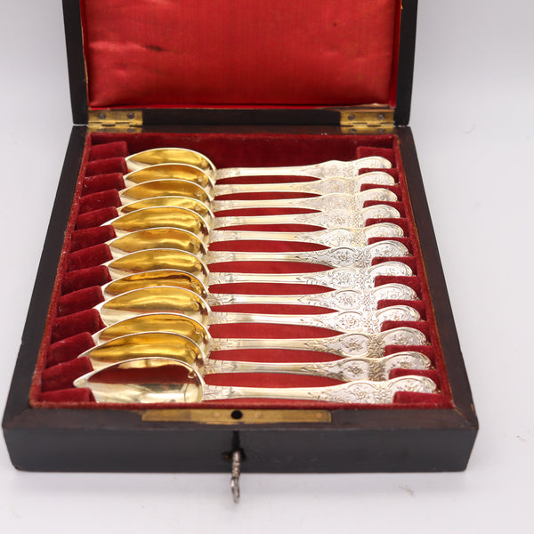 NAPOLEON III Antique 1860 French 12 Sterling Coffee Spoons Set In Fitted Ebony Box