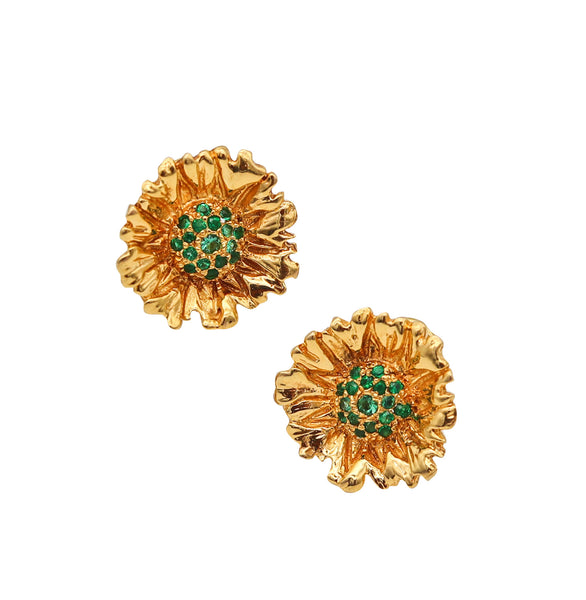 -Robert Bruce Bielka Tropical Flowers Clips Earrings In 18Kt Yellow Gold With Tsavorites