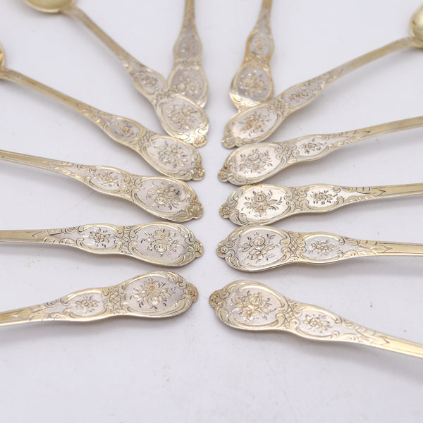 NAPOLEON III Antique 1860 French 12 Sterling Coffee Spoons Set In Fitted Ebony Box