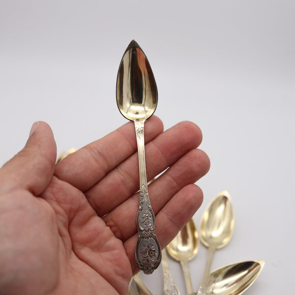 NAPOLEON III Antique 1860 French 12 Sterling Coffee Spoons Set In Fitted Ebony Box