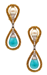 -Mario Buccellati 1970 Dangle Earrings In 18Kt Gold With Turquoises And Pearls