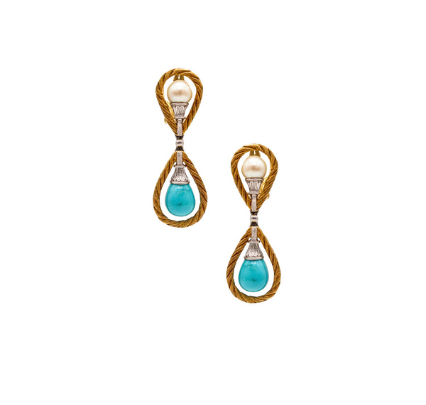 -Mario Buccellati 1970 Dangle Earrings In 18Kt Gold With Turquoises And Pearls