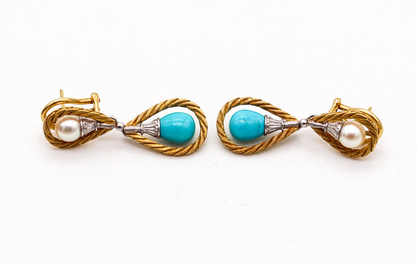 -Mario Buccellati 1970 Dangle Earrings In 18Kt Gold With Turquoises And Pearls