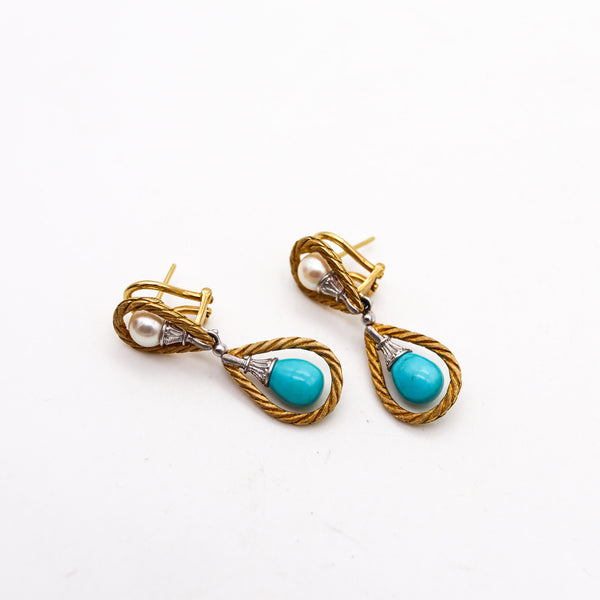 -Mario Buccellati 1970 Dangle Earrings In 18Kt Gold With Turquoises And Pearls