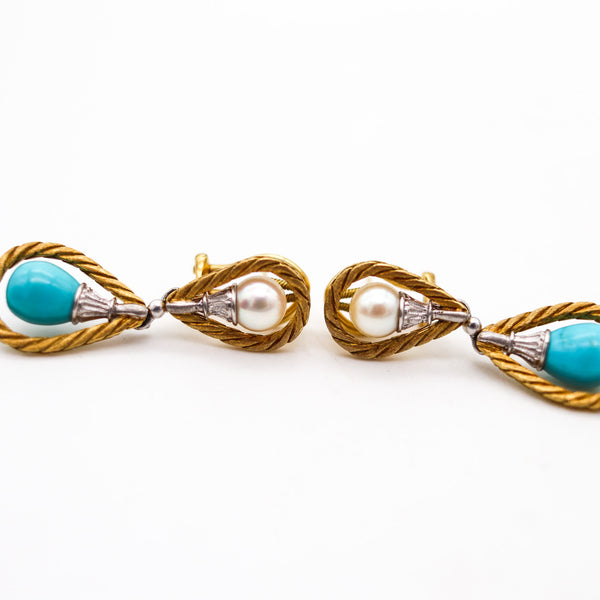 -Mario Buccellati 1970 Dangle Earrings In 18Kt Gold With Turquoises And Pearls