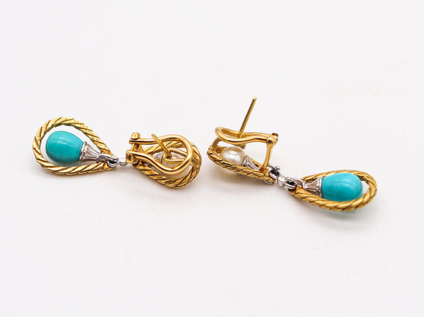 -Mario Buccellati 1970 Dangle Earrings In 18Kt Gold With Turquoises And Pearls