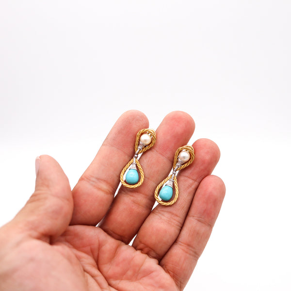 -Mario Buccellati 1970 Dangle Earrings In 18Kt Gold With Turquoises And Pearls