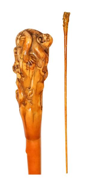 JAPAN 1880 Meiji Highly Detailed Walking Cane With Monkeys In a Bamboo Forest