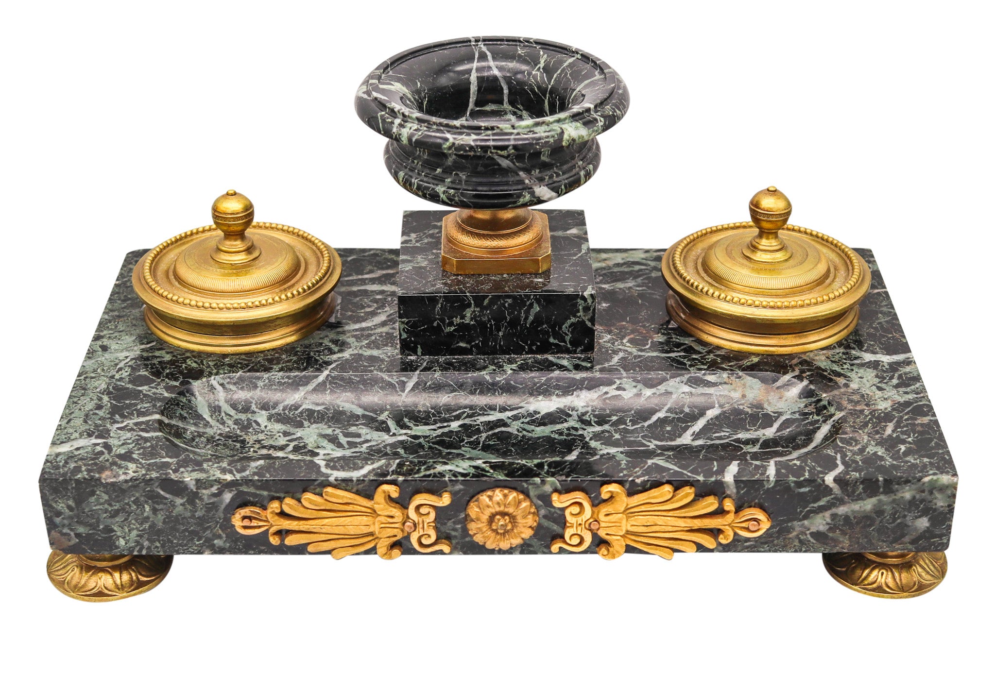 NAPOLEON III Antique 1870 French Desk Tray Set In Gray Marble And Gilt Ormolu