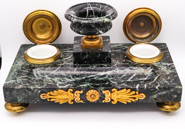 NAPOLEON III Antique 1870 French Desk Tray Set In Gray Marble And Gilt Ormolu