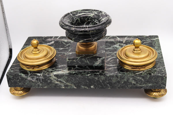 NAPOLEON III Antique 1870 French Desk Tray Set In Gray Marble And Gilt Ormolu