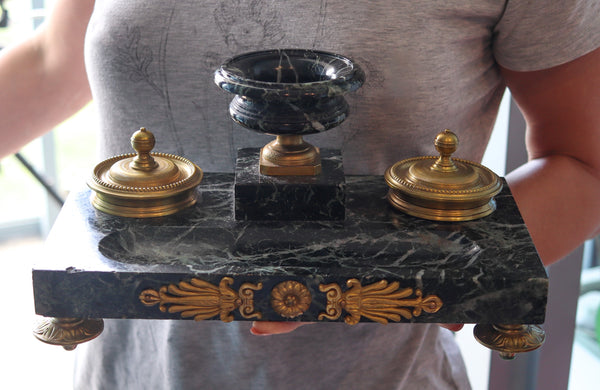 NAPOLEON III Antique 1870 French Desk Tray Set In Gray Marble And Gilt Ormolu