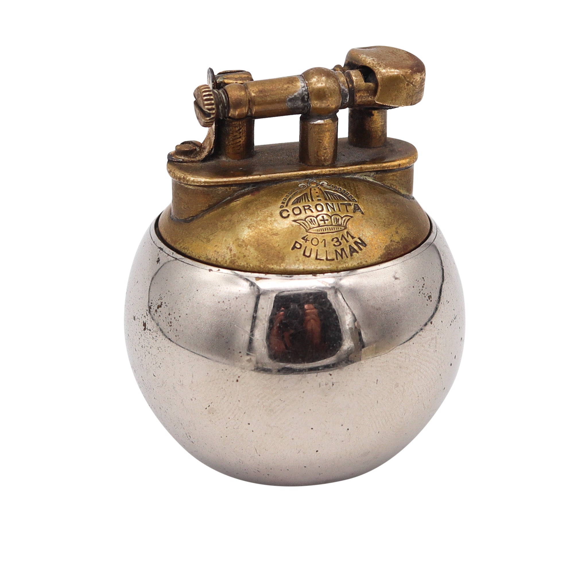 SARASTRO 1925 Pforzheim Deco Coronita Desk Petrol Lighter In Nickel & Brass