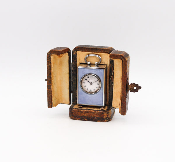 -Edwardian 1908 Miniature Guilloché Blue Enamel Clock .935 Sterling & Fitted Case