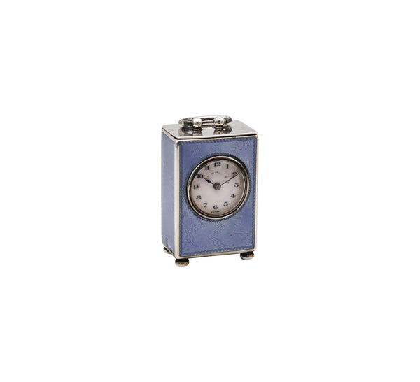 -Edwardian 1908 Miniature Guilloché Blue Enamel Clock .935 Sterling & Fitted Case