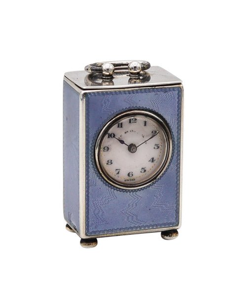 -Edwardian 1908 Miniature Guilloché Blue Enamel Clock .935 Sterling & Fitted Case