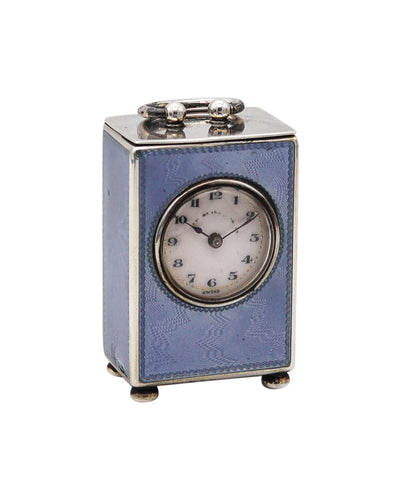 -Edwardian 1908 Miniature Guilloché Blue Enamel Clock .935 Sterling & Fitted Case