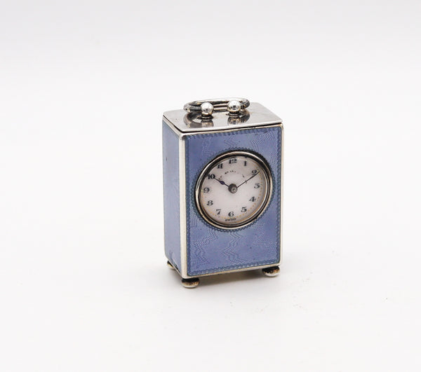 -Edwardian 1908 Miniature Guilloché Blue Enamel Clock .935 Sterling & Fitted Case