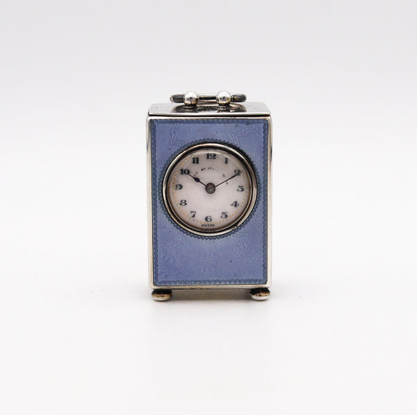 -Edwardian 1908 Miniature Guilloché Blue Enamel Clock .935 Sterling & Fitted Case