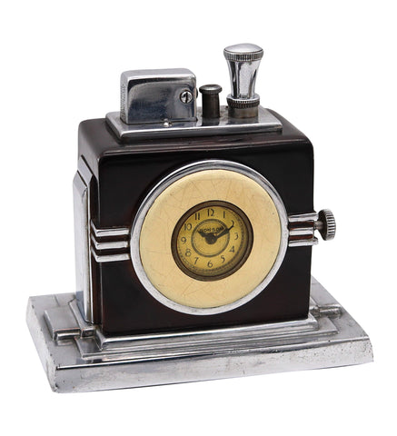 -Ronson 1936 Art Deco Maltese Machine Age Small Dial Clock With Touch-Tip Lighter