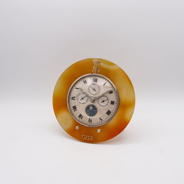 +French1914 Morgan Triple Calendar Desk Clock In Sterling Gold Platinum Agate And Diamonds