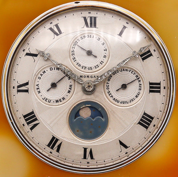 +French1914 Morgan Triple Calendar Desk Clock In Sterling Gold Platinum Agate And Diamonds