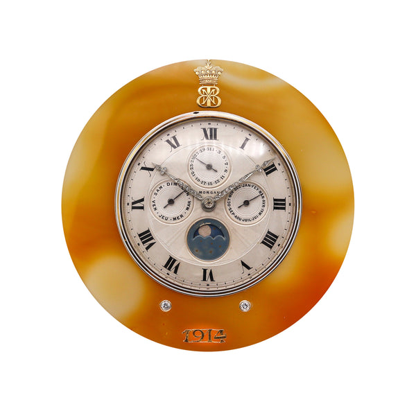 +French1914 Morgan Triple Calendar Desk Clock In Sterling Gold Platinum Agate And Diamonds