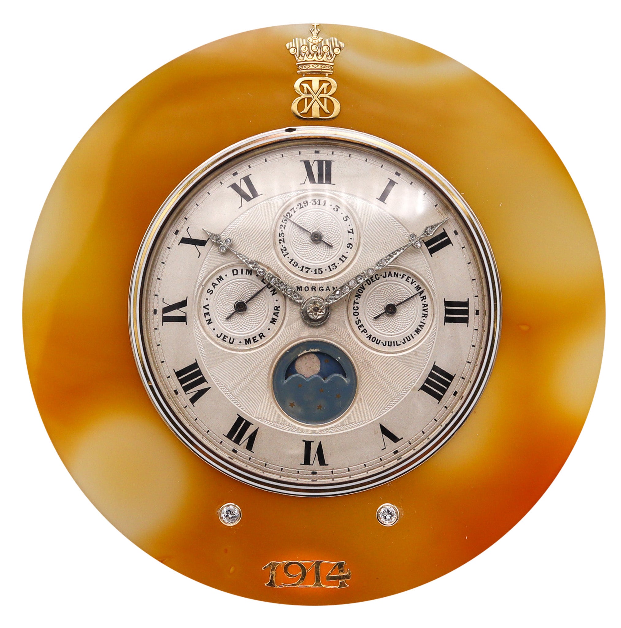 +French1914 Morgan Triple Calendar Desk Clock In Sterling Gold Platinum Agate And Diamonds