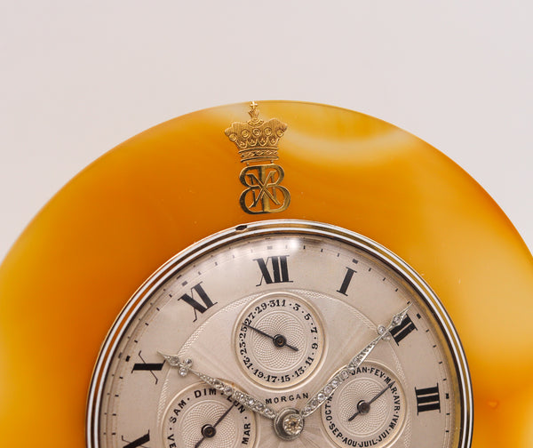 +French1914 Morgan Triple Calendar Desk Clock In Sterling Gold Platinum Agate And Diamonds