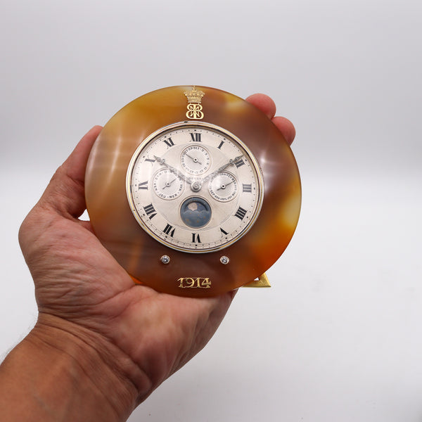 +French1914 Morgan Triple Calendar Desk Clock In Sterling Gold Platinum Agate And Diamonds