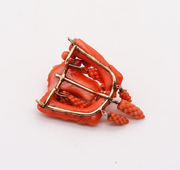 -Italian 1850 Renaissance Revival Pendant Carved In Coral  Mount In 14Kt Yellow Gold