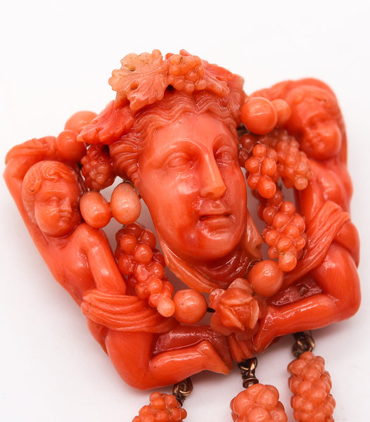 -Italian 1850 Renaissance Revival Pendant Carved In Coral  Mount In 14Kt Yellow Gold