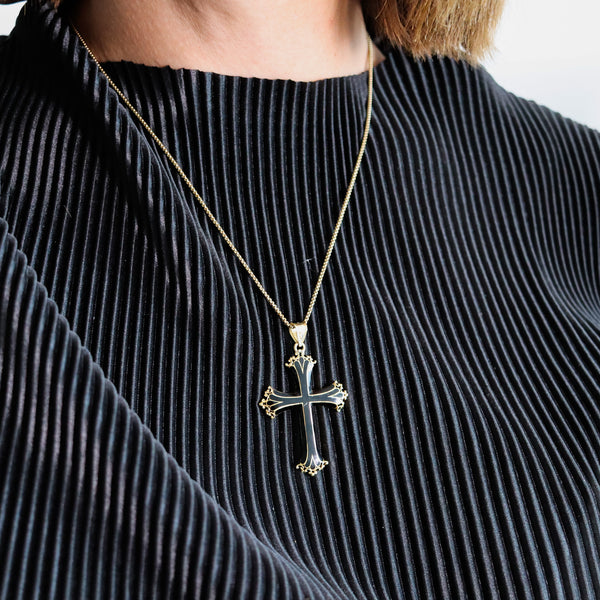 -Italian 1960 Neo Gothic Black Enameled Cross In Solid 18Kt Yellow Gold